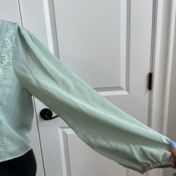 WAYF Soft Sage Green Lace Trim, Button Down with Front Tie Blouse - Picture 6 of 6